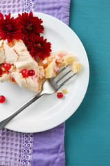 Piece of tasty pie with apples and berry mousse,