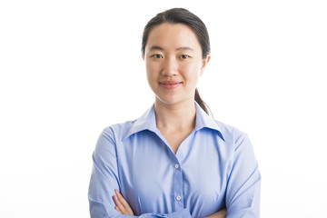 Young business woman standing isolated on white