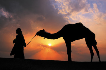 Silhouetted bedouin walking with his camel at sunset, Thar deser