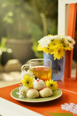 teatime Chinese pastry and tea and flower