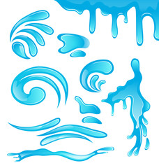 Water drops, splashing waves, surge, puddle, ripples, set isolat