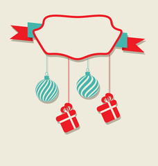 Christmas celebration card with hanging balls and gifts