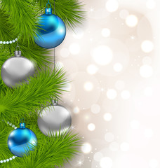 Christmas glowing background with fir branches and glass balls