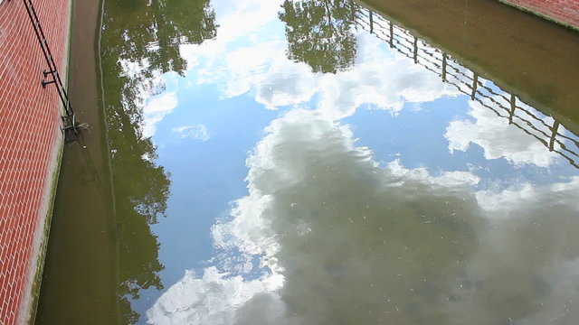 Sky and clouds reflection in water near the building 