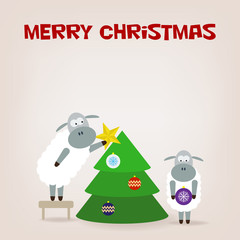 Cartoon funny sheep dresses up a fir-tree. Vector illustration