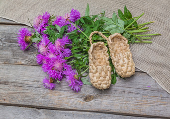 Bouquet of purple cornflowers and bast shoes