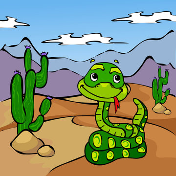 Funny cartoon snake in desert