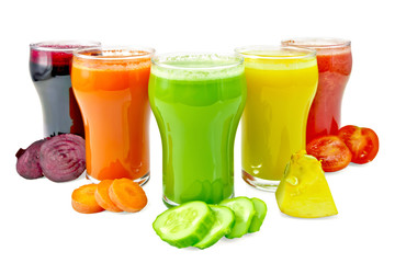 Juice vegetable in five glasses with vegetables
