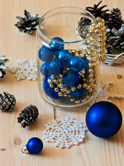 Obraz na płótnie Canvas Blue christmas decorative balls in glass jar