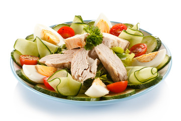 Roast chicken fillet, eggs and vegetables