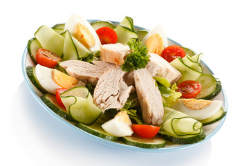 Roast chicken fillet, eggs and vegetables