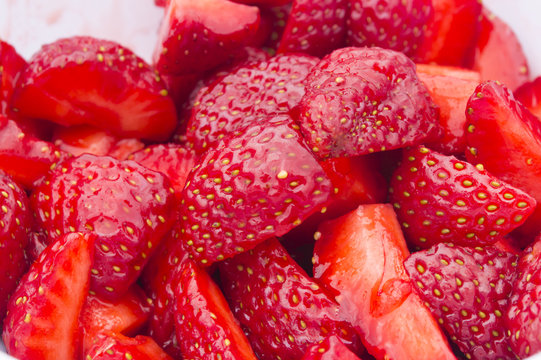 Closeup Of Many Fresh Chopped Strawberries