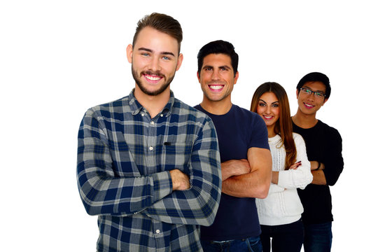 Cheerful young students standing in a row over white background
