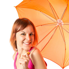 Girl holding an umbrella over white background