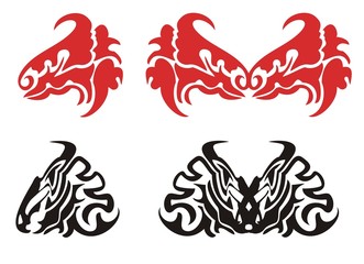 Red and black dragon head. Dragons heads butterflies