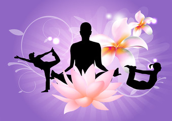 Yoga Poses with pink lotus on purple background vector