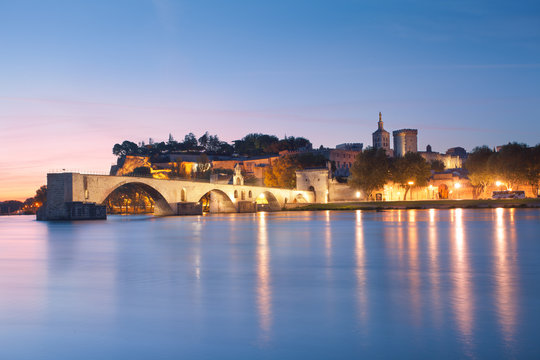 Avignon Bridge with Popes Palace and Rhone river at dawn, Pont S