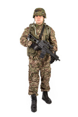 Soldier with rifle on a white background