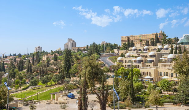 Modern homes and  beautiful park on mountain in Jerusalem