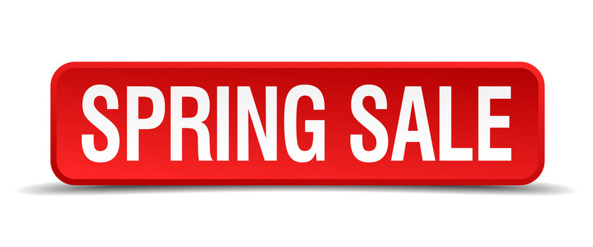 Spring sale red 3d square button isolated on white