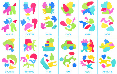 Collage of foam puzzle. Assembled and disassembled puzzles