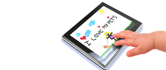 child hand touching digital tablet
