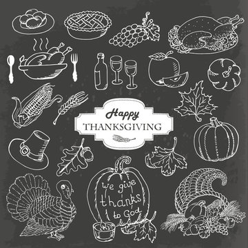 Sketch doodle Thanksgiving icon set on gray background