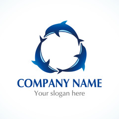 Three dolphins jumping around circle logo. Sea, travel vector logo. Branding of hotels, tourist business, spa, beach service, healthcare, resort or hotel by the ocean. Summer holidays symbol.