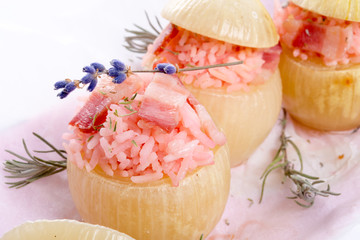 stuffed onions with pink rice