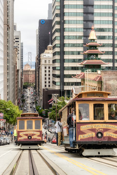 Cable cars traffic in California St., San Francisco