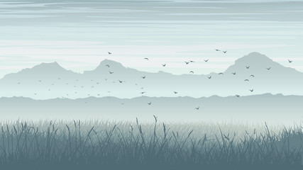 Horizontal illustration of misty landscape with birds in sky. - 71692157