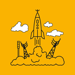 Start of the rocket in clouds, vector illustration