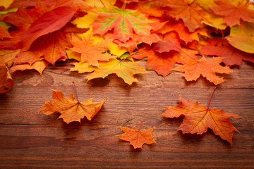 Naklejka na ściany i meble Autumn leaves on wooden table.