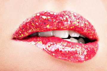 Obraz premium beautiful female lips with shiny red gloss lipstick