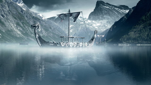 Viking Ships on nordic sea, Epic FullHD VisualFX shot