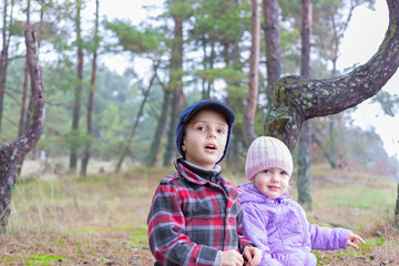 children two brother sister together forest outdoor