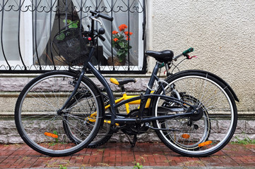 Adult and children's bicycles parked against the wall