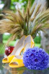 container with  green sprouts on tableand yellow shoes