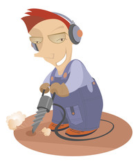 Cartoon comic worker operates with jackhammer