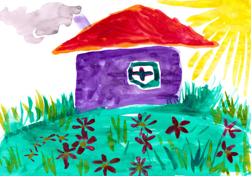 Home on meadow with flowers. Childlike drawing.