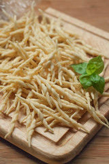 Close-up view of Italian handmade organic Trofie, Italian tradit