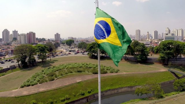 Brazil flag waving in the wind in Ipiranga, Sao Paulo