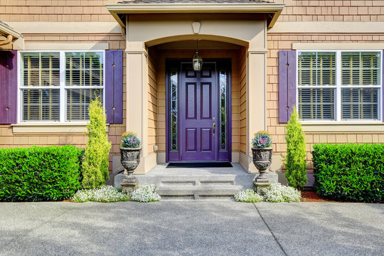Luxury house exterior. Entrance porch with purple door