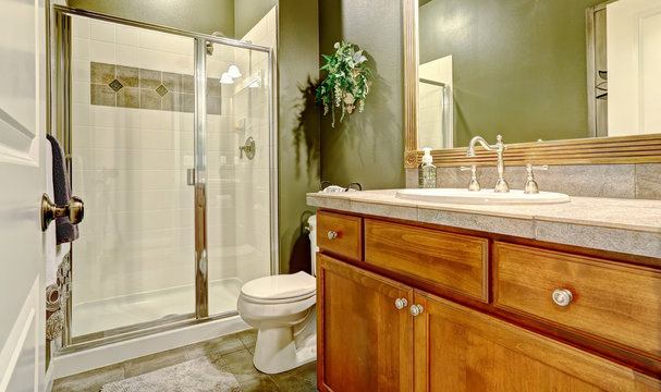 Bathroom interior with dark olive walls