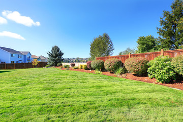 Fototapeta na wymiar Backyard land with decorative bushes and lawn
