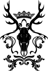 heraldic symbol with deer skull and crown,