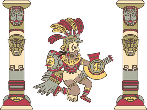 Aztec god between columns, colored illustration