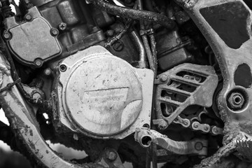 Close-up monochrome fragment of sport motocross bike engine