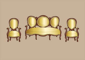 gold retro armchair and couch - vector