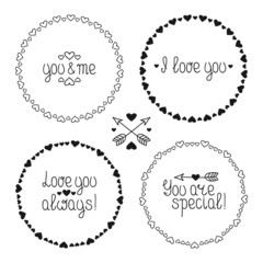 Hand drawn frame of romantic pattern with hearts. Vector set of